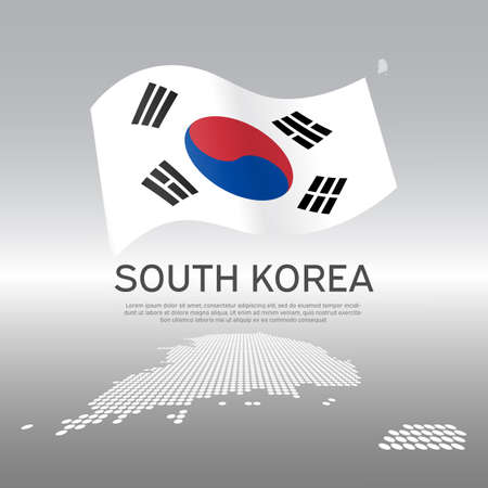 South korea flag and map on gray background. Vector brochure design. Cover for business booklet. Wavy ribbon with the south korean flag. National poster. State patriotic banner, flyerのイラスト素材