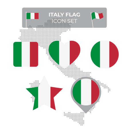 Italy flag icons set in the shape of square, heart, circle, stars and pointer, map marker. Mosaic map of italy. Italian tricolor. Vector flat symbol, icon, buttonのイラスト素材