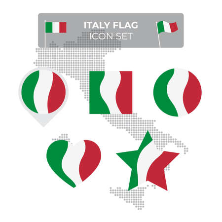 Italy flag icons set in the shape of square, heart, circle, stars and pointer, map marker. Mosaic map of italy. Waving in the wind. Italian tricolor. Vector flat symbol, icon, buttonのイラスト素材