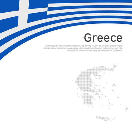 Background with flag, mosaic map of greece. Greece flag on a white background. National poster design. Business booklet. State greek patriotic banner, flyer. Vector flat illustration, templateのイラスト素材