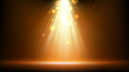 Gold spotlight background. Illuminated golden stage. Background for displaying products. Bright beams of spotlights, shimmering glittering particles, a spot of light. Vector illustrationのイラスト素材