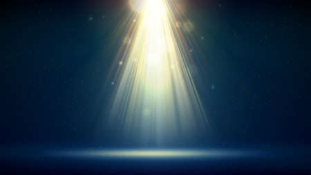 Golden spotlight dark blue background, stage. Backdrop for displaying products. Bright golden beams of a spotlight, bokeh, shimmering glittering particles, a spot of light. Vector illustrationのイラスト素材