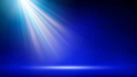 Spotlight background. Illuminated blue stage. Divine radiance, god. Backdrop for displaying products. Bright beams of spotlights, shimmering glittering particles, a spot of light. Vector illustrationのイラスト素材