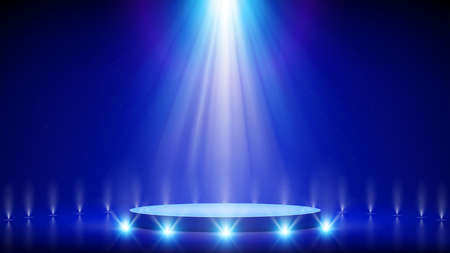 Spotlight backdrop. Illuminated blue stage podium. Background for displaying products. Bright beams of spotlights, shimmering glittering particles, a spot of light. Vector illustrationのイラスト素材