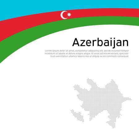 Azerbaijan flag, mosaic map on white background. Wavy ribbon with the azerbaijani flag. Vector banner design, azerbaijan national poster. Cover for business booklet. State patriotic, flyer, brochureのイラスト素材