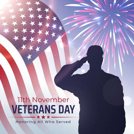 Happy veterans day banner, greeting card. Waving american flag on blue sky background, fireworks. National holiday of the USA veterans day 11 November. Poster, typography design, vector illustrationのイラスト素材