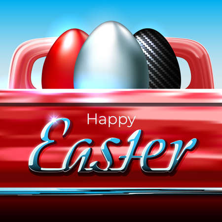 Happy Easter. Easter card in car style. Painted egg. Shiny chrome. Chrome, carbon eggs in a red pickup truck. Greeting card for spare parts suppliers, car dealers, custom. auto theme. Vectorのイラスト素材