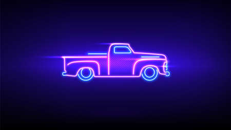 Classic pickup truck neon sign. led glowing car silhouette, wall branding. Vintage truck, old classic cars. Neon silhouette side view on dark wall background. carbon body. Banner ad design. Vectorのイラスト素材