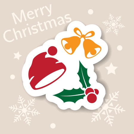 Merry christmas icon. Holiday xmas symbols. isolated sticker. Happy new year icons, web banner. Flat vector illustration. Santa hat, bell, berryのイラスト素材