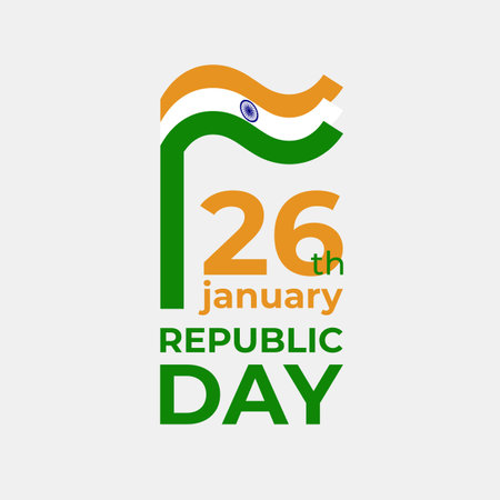 26 january india republic day. Vector template with wavy indian flag in simple concise style, icon. National holiday of India on January 26th. Republic day greeting cardのイラスト素材