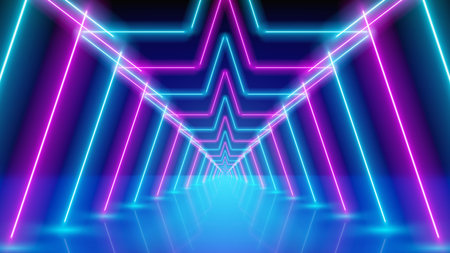 Glowing neon lines, star shaped led arcade, stage light, tunnel. Pink blue purple corridor glowing neon arch, perspective. Abstract technology background. Bright stage light. Vector illustrationのイラスト素材