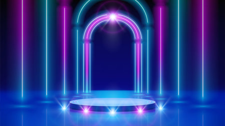 Neon arch, podium, led arcade, stage light. Spotlight, lines. Background, backdrop for displaying products. Blue pink purple neon glowing arch, perspective. Bright stage light. Vector illustrationのイラスト素材