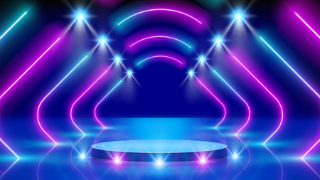 Neon arch, podium, stage light, led arcade. Background, backdrop for displaying products. Pink blue purple glowing neon arch, perspective. Spotlight, lines. Bright stage light. Vector illustrationのイラスト素材