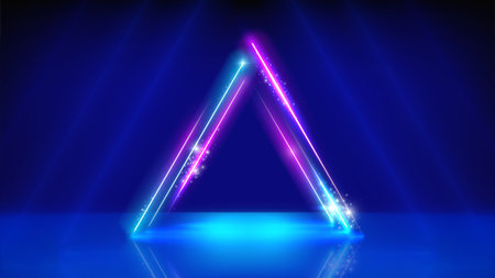 Neon triangular frame, led triangle arch, light lines. Glowing sparkling triangle. Stage. Background, backdrop for displaying products. Blue pink purple neon arch, frame. Vector illustrationのイラスト素材