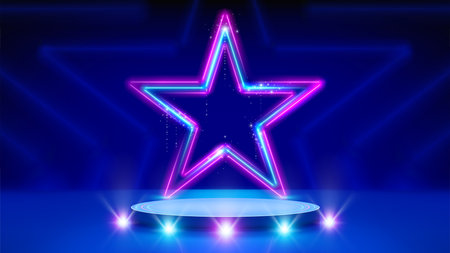 Neon stars, podium, stage light, glowing led star. Background for awards ceremony. Stage. Pink blue purple sparkling neon star, led lines. Backdrop for displaying products. Vector illustrationのイラスト素材