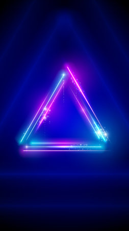 Neon, led triangle. Background, mobile phone wallpaper. Pink blue purple sparkling neon triangle, glowing led lines, triangular frame. HD, 4k backdrop, wallpaper. Vector illustrationのイラスト素材