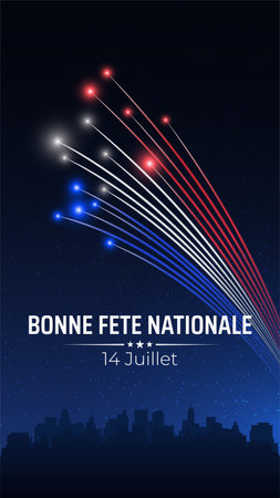 Banner 14 july bastille day in france, template with french colorful fireworks on dark sky background. French national holiday. Fireworks france flag. Vector. Translation: Happy National Day July 14のイラスト素材