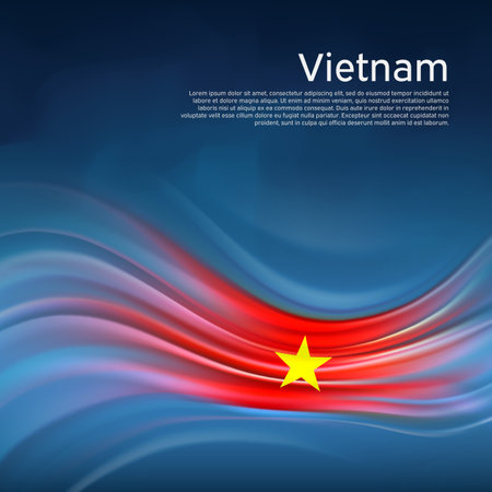 Vietnam flag background. Abstract vietnamese flag in the blue sky. National holiday card design. State banner, vietnam poster, patriotic cover, flyer. Business brochure design. Vector illustrationのイラスト素材