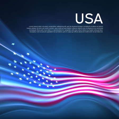 USA flag background. Abstract united states flag in the blue sky. US national holiday card design. State banner, usa poster, american patriotic cover, flyer. Business brochure. Vector designのイラスト素材