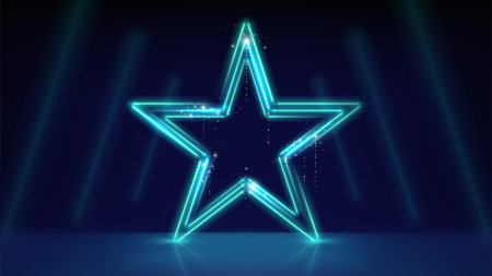 Neon star on blue background. Glowing led stars. Stage. Sparkling neon star, led lines. Stage light, backdrop for displaying products, montage. Awards ceremony. Vector illustrationのイラスト素材