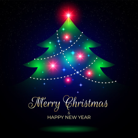 Merry christmas and happy new year greeting card. Christmas tree, lights, shiny gold, dark blue background. Design for invitation, greeting card, wallpaper. Party event decoration, vector illustrationのイラスト素材