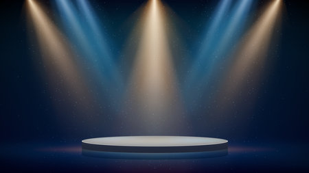 Stage, golden, blue spotlight, podium. Background, backdrop for displaying products. Illuminated blue stage. Beams of spotlights, shimmering glittering particles, a spot of light. Vector illustrationのイラスト素材