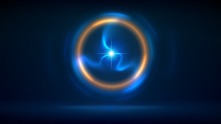 Golden blue circular lighting background, electric discharge, arc, ball lightning. Golden ring glow. Glowing gold circle. Stage backdrop. Illuminated stage. Background for displaying products. Vectorのイラスト素材