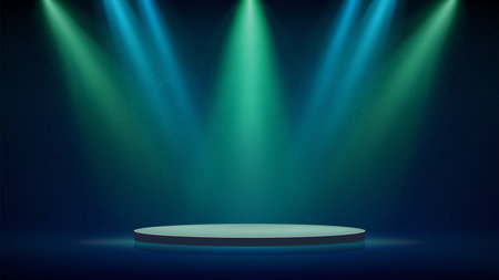 Stage, blue green spotlights, podium. Background, backdrop for displaying products. Blue green stage spotlight on dark background. Beams of spotlights, glittering particles, a spot light. Vectorのイラスト素材