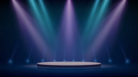 Stage, blue pink purple spotlights, podium. Background, backdrop for displaying products. Blue pink stage spotlight on dark background. Beams of spotlights, glittering particles, a spot light. Vectorのイラスト素材