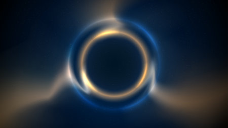 Golden blue circular light frame on dark background. Shining light ring. Glowing gold circle. Stage backdrop. Abstract background for displaying products, text, copy paste. Vector illustrationのイラスト素材