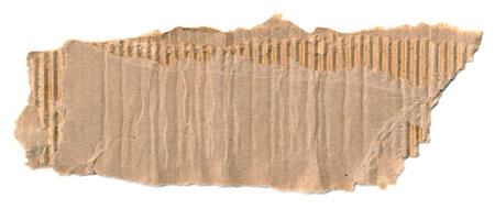 Torn piece of cardboard. Blank paper piece for message, reminder, sign, tag, label. Corrugated ripped cardboard empty background for message. Isolated on white background. Design element. Copy spaceの写真素材
