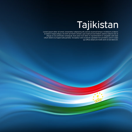 Tajikistan flag background. Abstract tajik flag in the blue sky. National holiday card design. State banner, tajikistan poster, patriotic cover, flyer. Business brochure design. Vector illustrationのイラスト素材