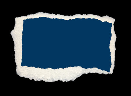 Torn piece of blue paper, background for banner. Blank paper piece message, reminder, sign, tag, label. Ripped cardboard empty background. Design element. Isolated on black. Copy space, place for textの写真素材