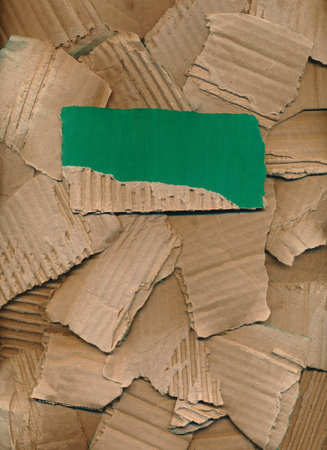 Cover, poster from pieces of torn cardboard. Place for title, description. Green brown cardboard background, banner. Recycling concept. Rough pieces of ripped corrugated ribbed cardboard. Design elementの写真素材