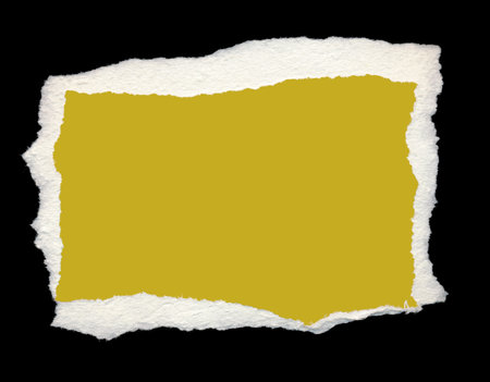 Torn piece of yellow paper, background for banner. Blank paper piece message, reminder, sign, tag, label. Ripped cardboard empty background. Design element. Isolated on black. Copy space, place for textの写真素材
