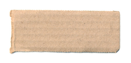 Torn piece of cardboard. Blank paper piece for tag, label, sign, ad, message, reminder. Background for banner. Empty background. Corrugated cardboard. Design element. Isolated on white. Copy spaceの写真素材