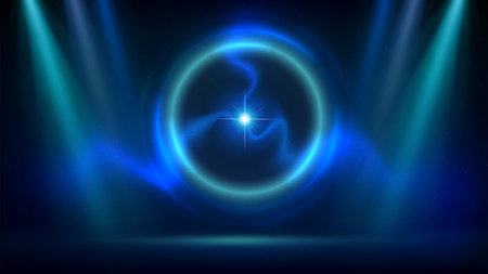 Blue spotlight backdrop. Science experiment. Stage, blue cyan circular lighting background, ball lighting. Fluorescent ring on dark backdrop. Glowing circle. Background display products. Vectorのイラスト素材