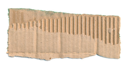 Torn piece of cardboard, background for banner. Blank paper piece message, reminder, sign, tag, label, ad. Corrugated ripped cardboard empty background. Design element. Isolated on white. Copy spaceの写真素材