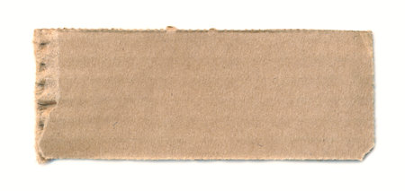 Torn piece of cardboard. Blank paper piece for tag, label, sign, ad, message, reminder. Background for banner. Empty background. Corrugated cardboard. Design element. Isolated on white. Copy spaceの写真素材