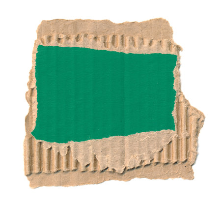 Torn piece of cardboard, background for banner. Blank paper piece message, reminder, sign, tag, label. Corrugated ripped cardboard empty green background. Design element. Isolated on white. Copy spaceの写真素材