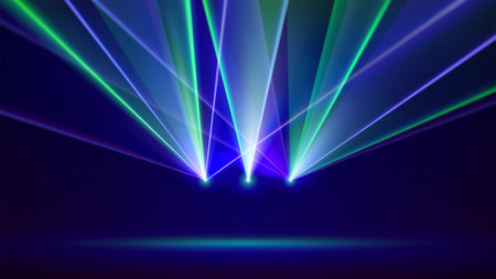 Laser light show. Bright led laser beams, dj light party. Illuminated blue green stage, led strobe lights. Background, backdrop for displaying products. Vector illustrationのイラスト素材