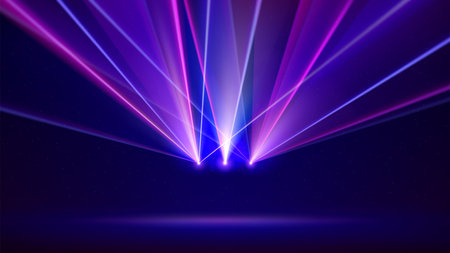 Laser light show. Bright led laser beams, dj light party. Illuminated blue pink stage, led strobe lights. Background, backdrop for displaying products. Vector illustrationのイラスト素材