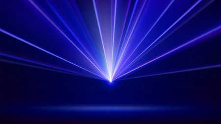 Laser light show. Bright led laser beams, dj light party. Illuminated blue stage, led strobe lights. Background, backdrop for displaying products. Vector illustrationのイラスト素材