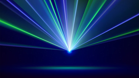Laser light show. Bright led laser beams, dj light party. Illuminated blue green stage, led strobe lights. Background, backdrop for displaying products. Vector illustrationのイラスト素材