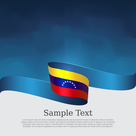 Venezuela flag background. State patriotic venezuelan banner, cover. Wavy ribbon color flag of venezuela on a blue white background. Business booklet. Vector, design templateのイラスト素材