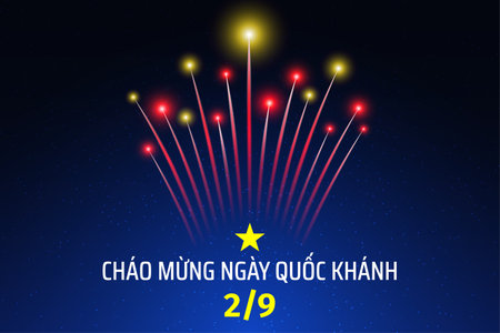 September 2, vietnam independence day, vietnamese fireworks flag on blue night sky background. Greeting card. National holiday. Vector. Translation September 2nd Independence Dayのイラスト素材