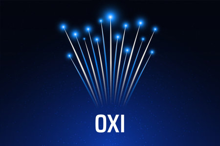 October 28, greece ohi day, bright greek fireworks flag on blue night sky background. Greece national holiday oxi october 28th. Greeting card. Vector template. Translation Ohi dayのイラスト素材