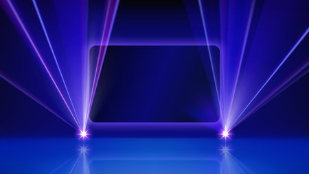Laser light show. Bright LED laser beam and screen for presentation. Illuminated blue stage, led lights. Background, backdrop for displaying products and text. Vector illustrationのイラスト素材