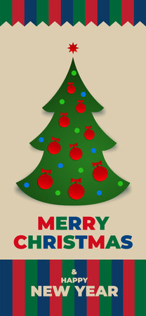 Merry christmas and happy new year greeting card, wallpaper. Christmas tree, balls. Design for invitation, greeting card, wallpaper. Party event decoration, vector illustrationのイラスト素材