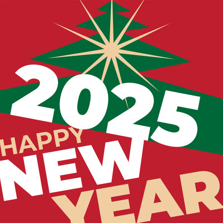 Happy new year 2025 wallpaper, greeting card, poster. Christmas tree, star. Simple flat design for banner, invitation, greeting card, wallpaper. Vector illustrationのイラスト素材